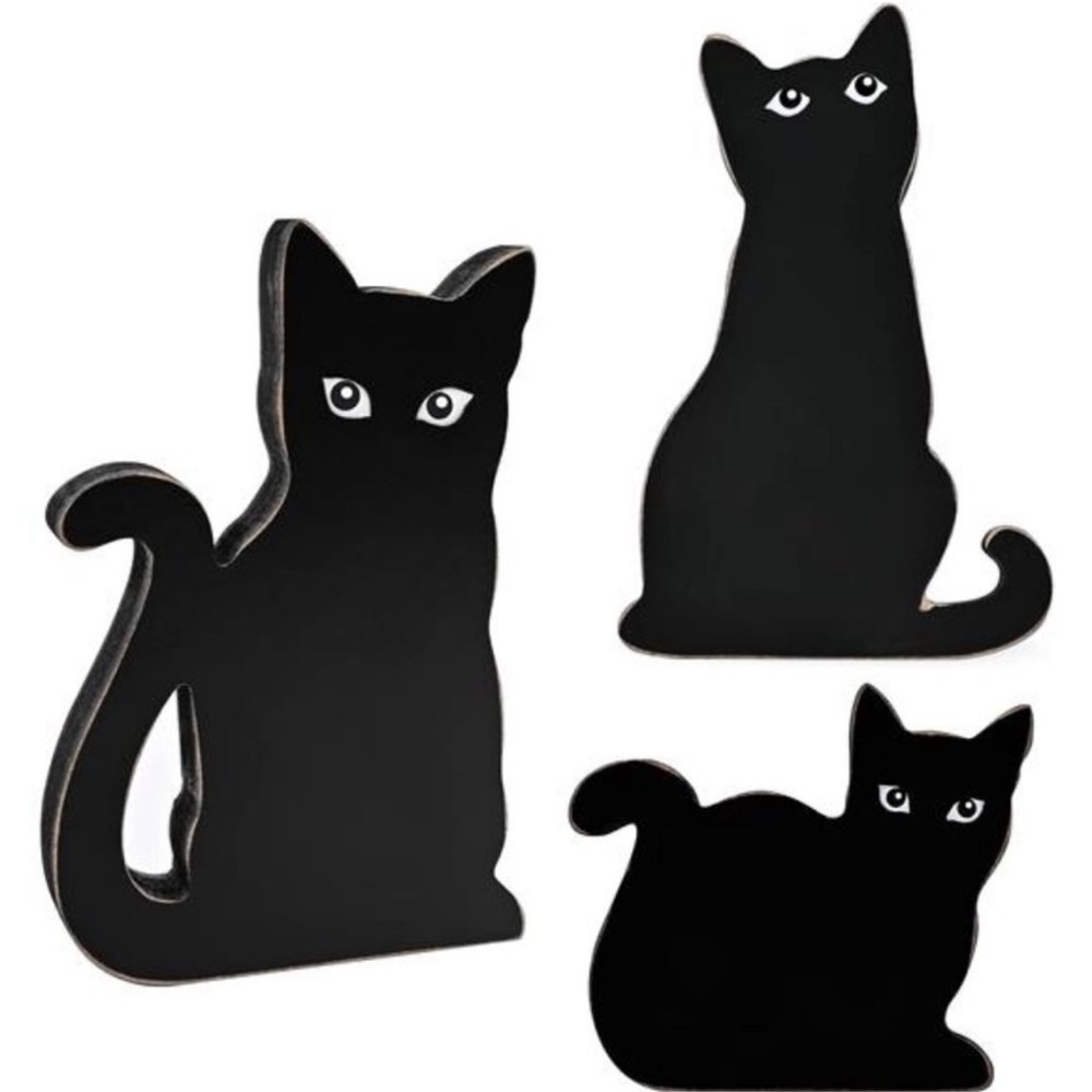 Wooden Black Cat Decorations, Set of 3 Fall Cats Figurines Statue Ornaments